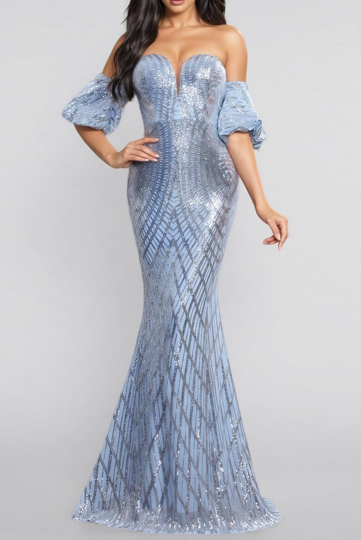 Sequin Off-Shoulder Puff Sleeve Maxi Dress