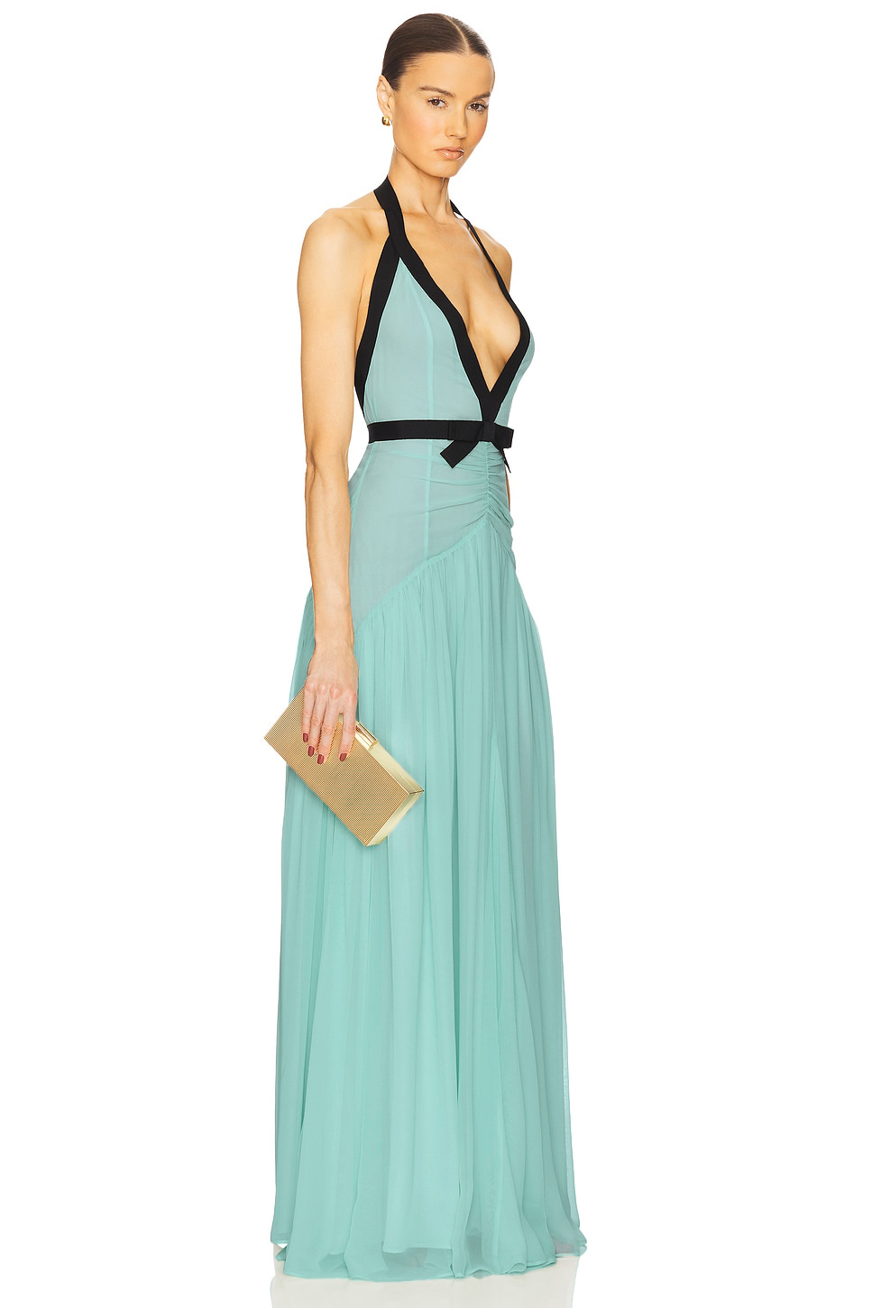 Mesh Contrast Color Halter-Neck Maxi Dress
