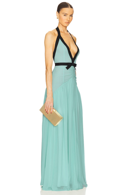 Mesh Contrast Color Halter-Neck Maxi Dress