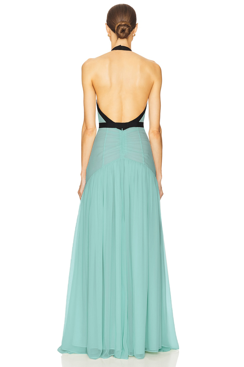 Mesh Contrast Color Halter-Neck Maxi Dress
