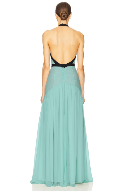 Mesh Contrast Color Halter-Neck Maxi Dress