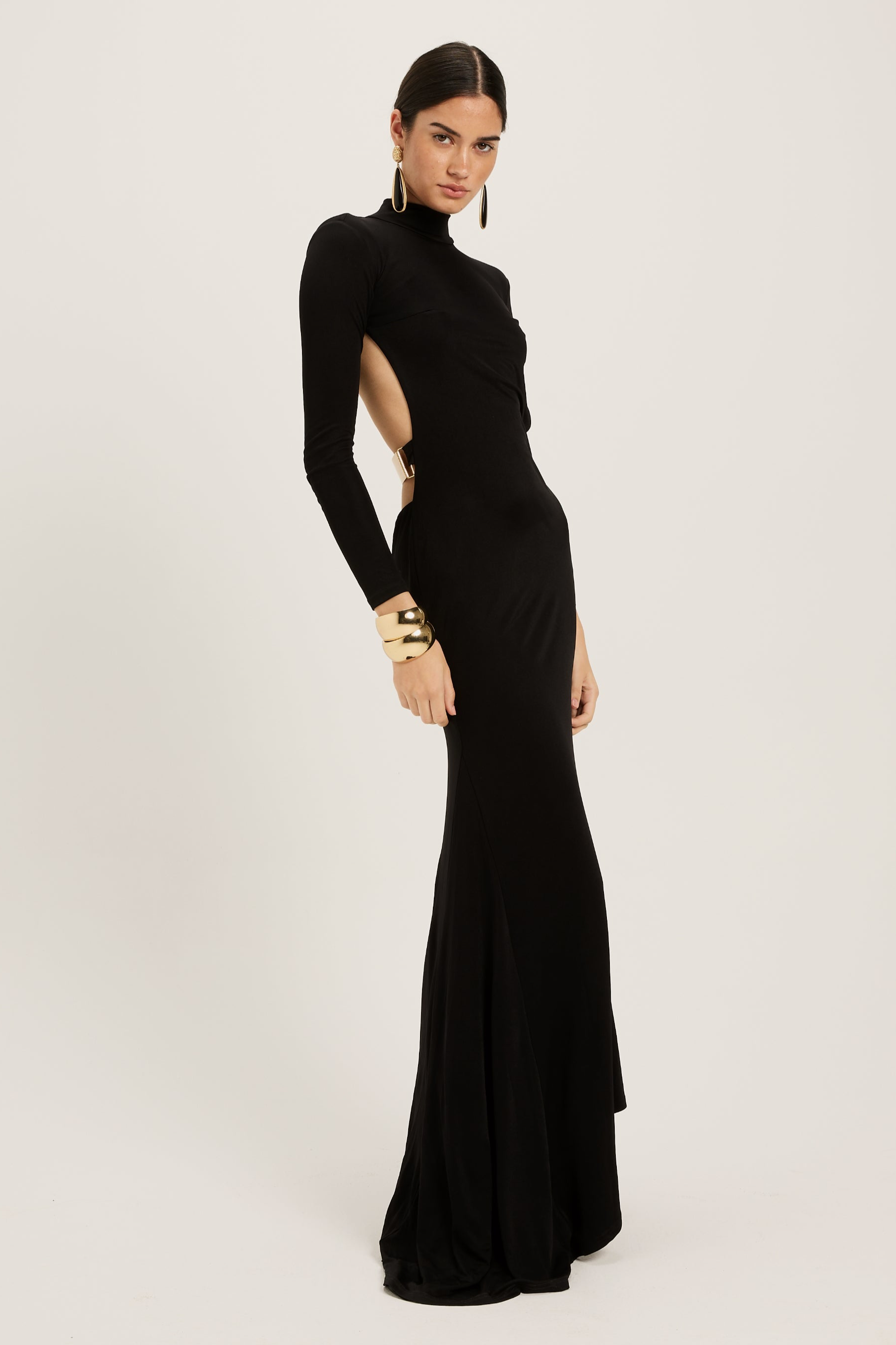 Backless Metal Decorations Long Sleeve Maxi Dress