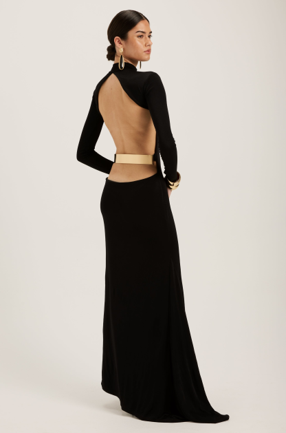 Backless Metal Decorations Long Sleeve Maxi Dress