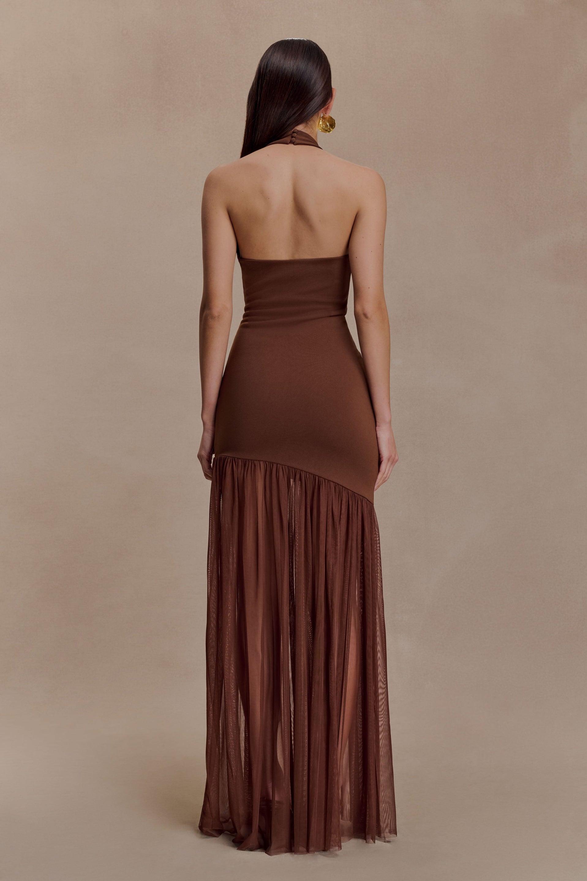 Jersey Splicing Mesh Halter Neck Cut-Out Maxi Dress