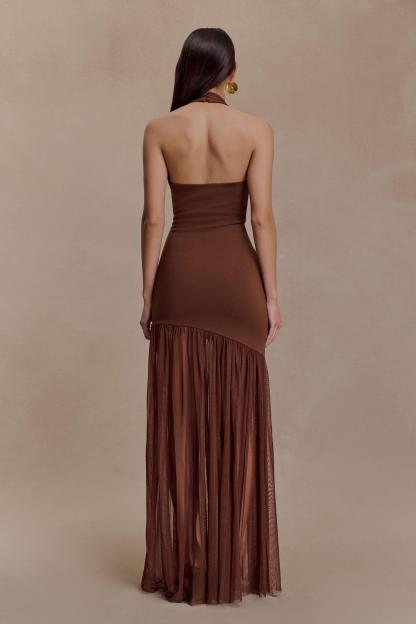 Jersey Splicing Mesh Halter Neck Cut-Out Maxi Dress