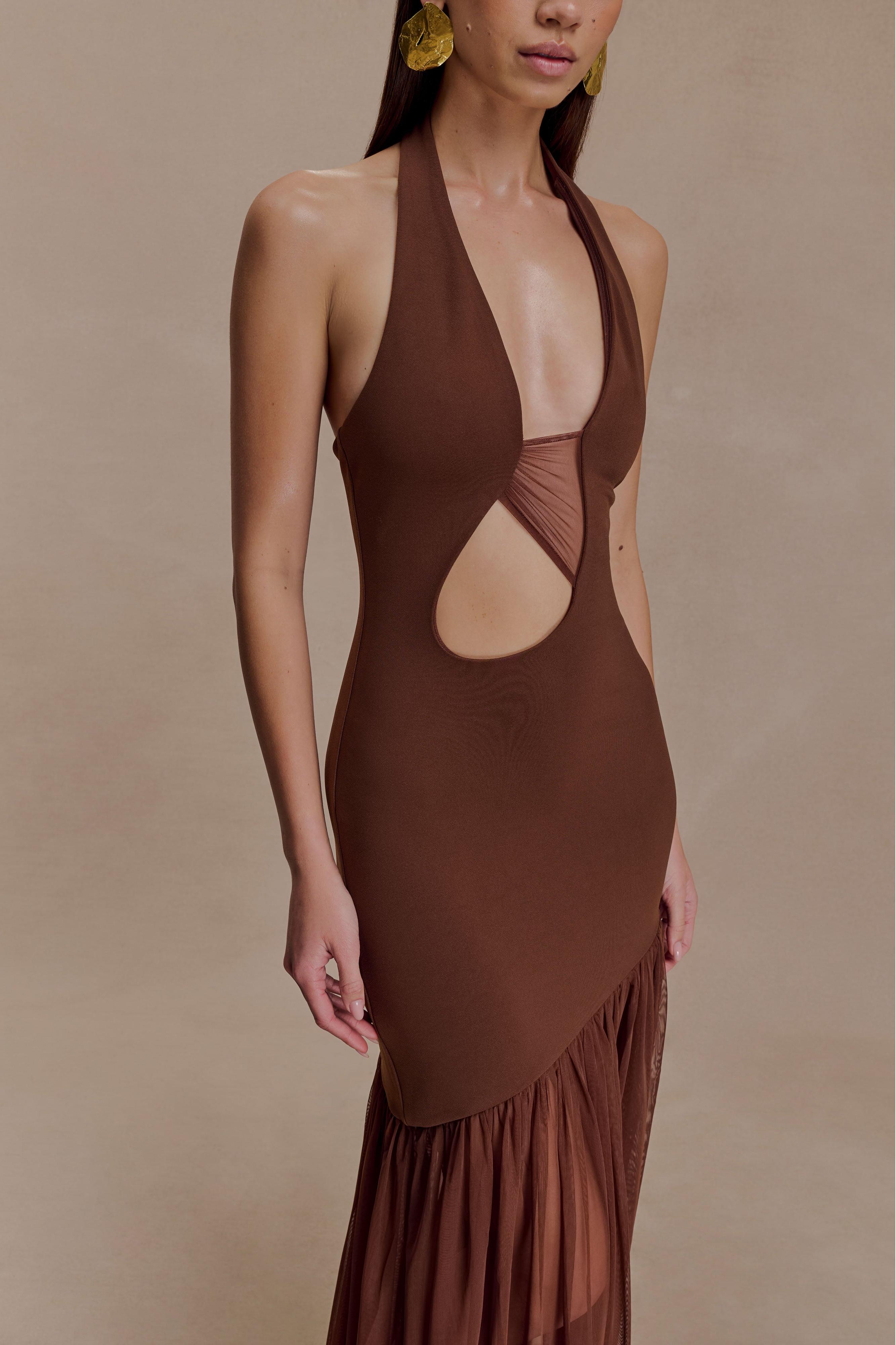 Jersey Splicing Mesh Halter Neck Cut-Out Maxi Dress