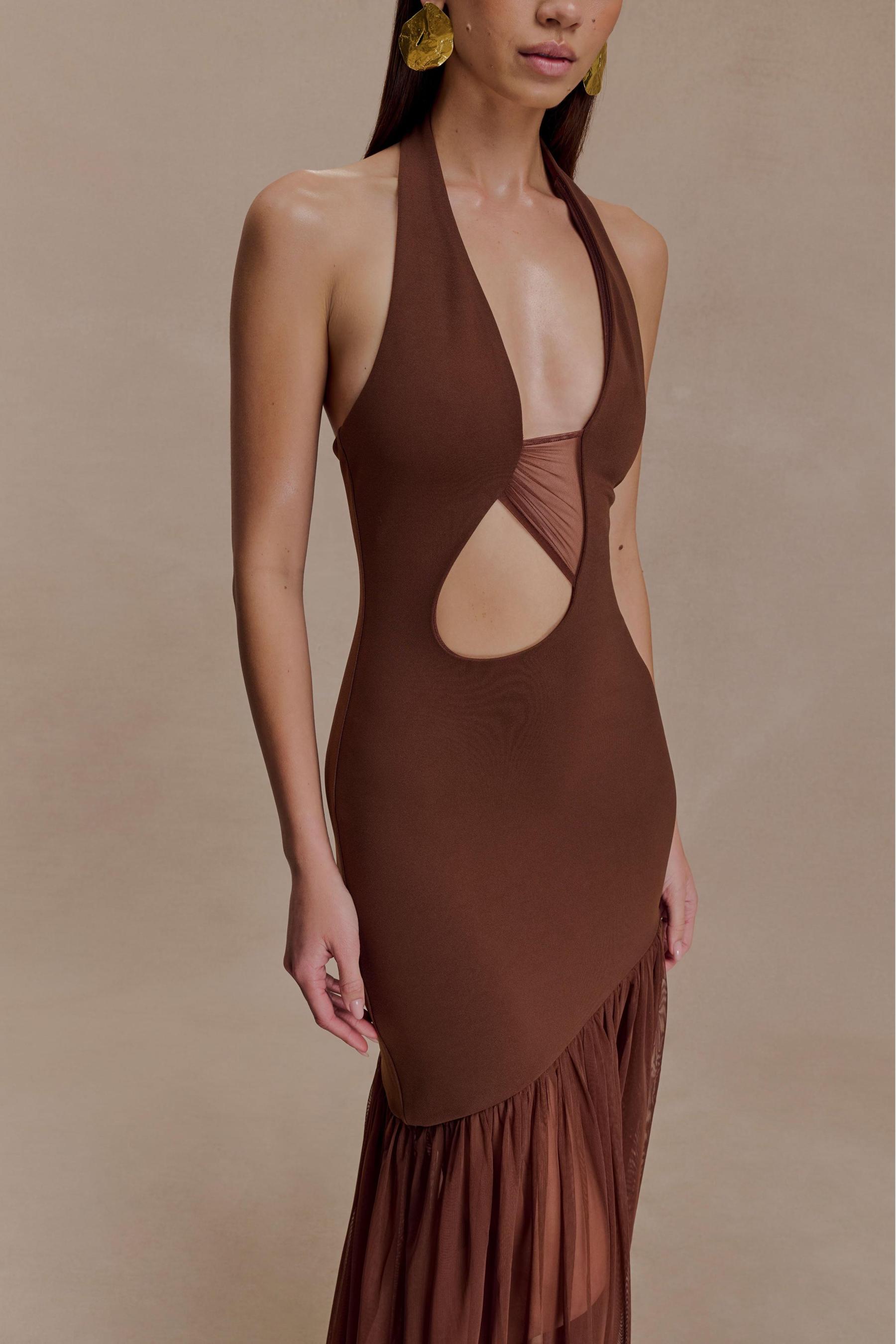 Jersey Splicing Mesh Halter Neck Cut-Out Maxi Dress
