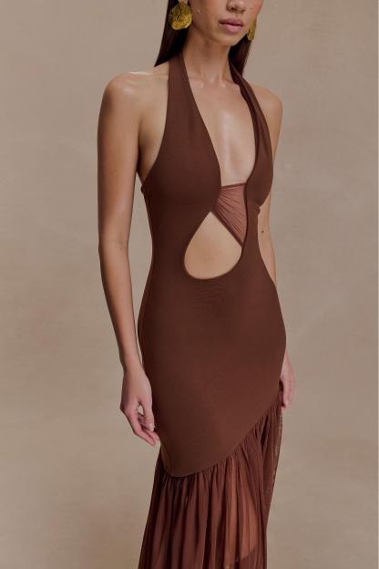 Jersey Splicing Mesh Halter Neck Cut-Out Maxi Dress