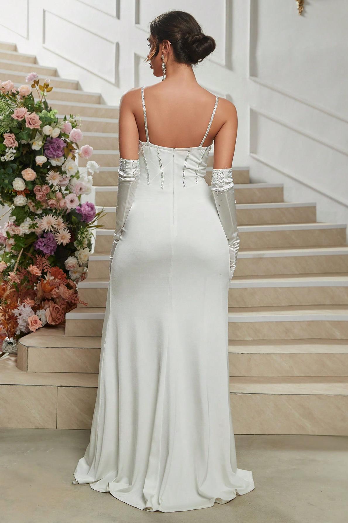 Rhinestone Ruched Slit Maxi Dress With Gloves