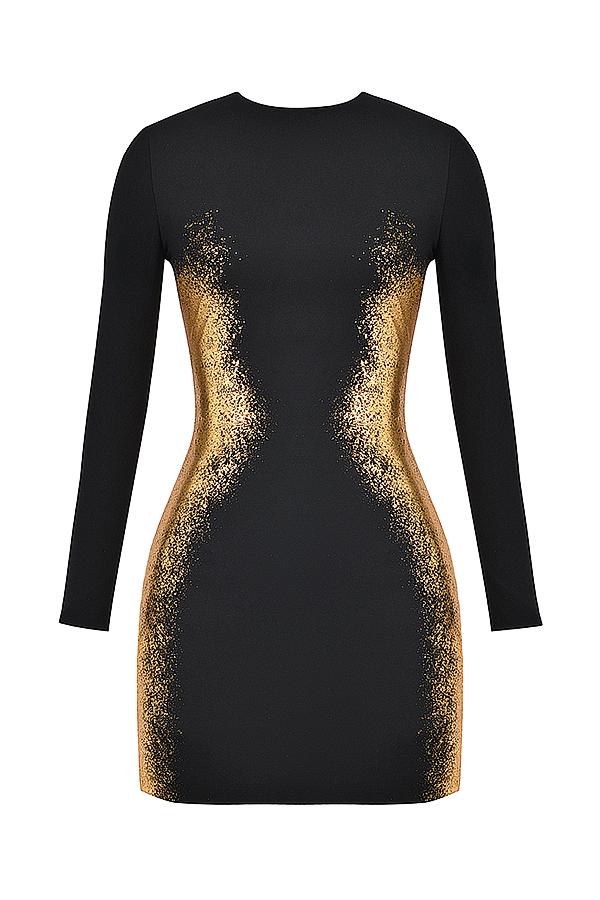 Bandage Gold Foil Stamping Long Sleeve Mini Dress