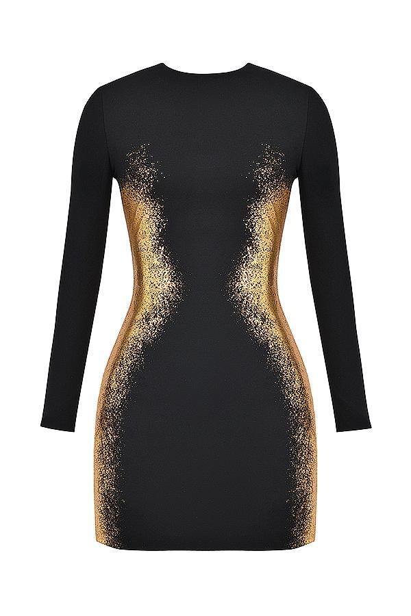 Bandage Gold Foil Stamping Long Sleeve Mini Dress