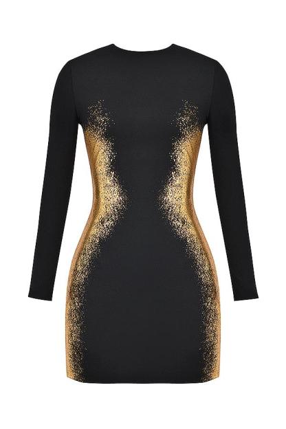 Bandage Gold Foil Stamping Long Sleeve Mini Dress