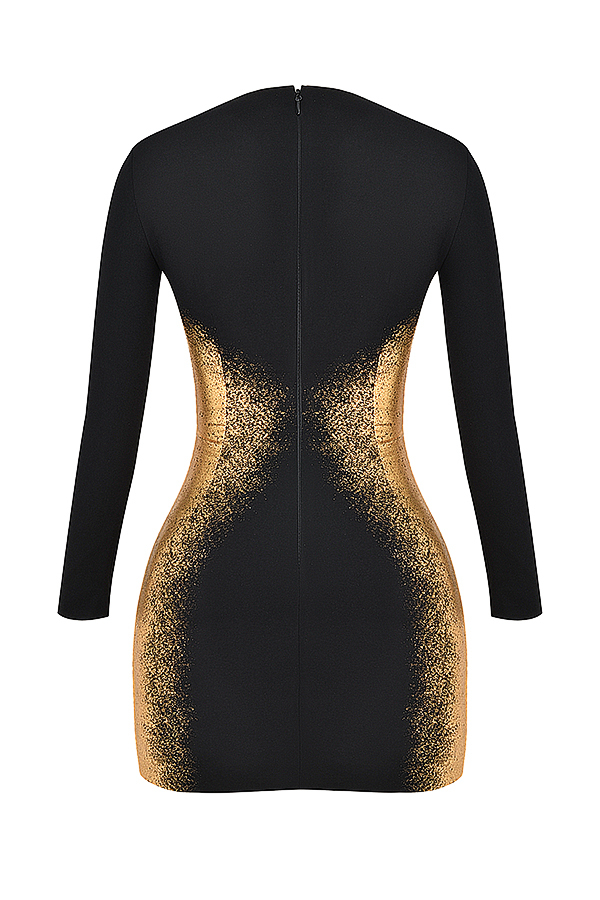 Bandage Gold Foil Stamping Long Sleeve Mini Dress