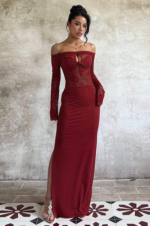 Jersey Splicing Lace Off-Shoulder Maxi Dress