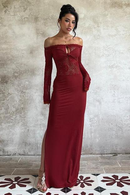 Jersey Splicing Lace Off-Shoulder Maxi Dress