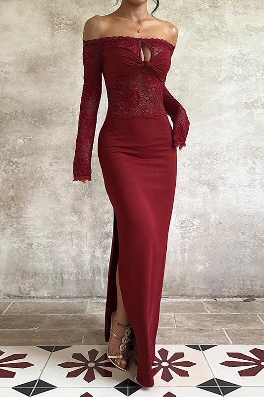 Jersey Splicing Lace Off-Shoulder Maxi Dress