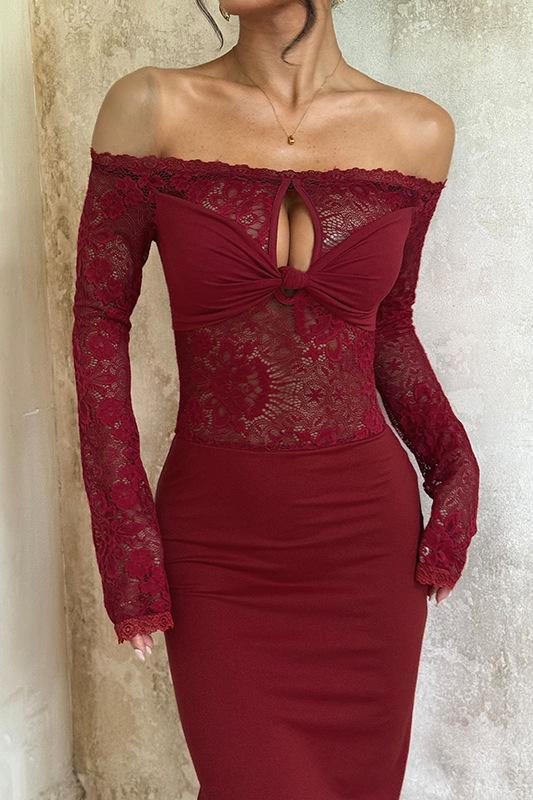 Jersey Splicing Lace Off-Shoulder Maxi Dress