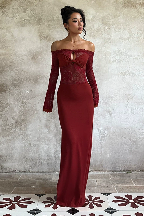 Jersey Splicing Lace Off-Shoulder Maxi Dress
