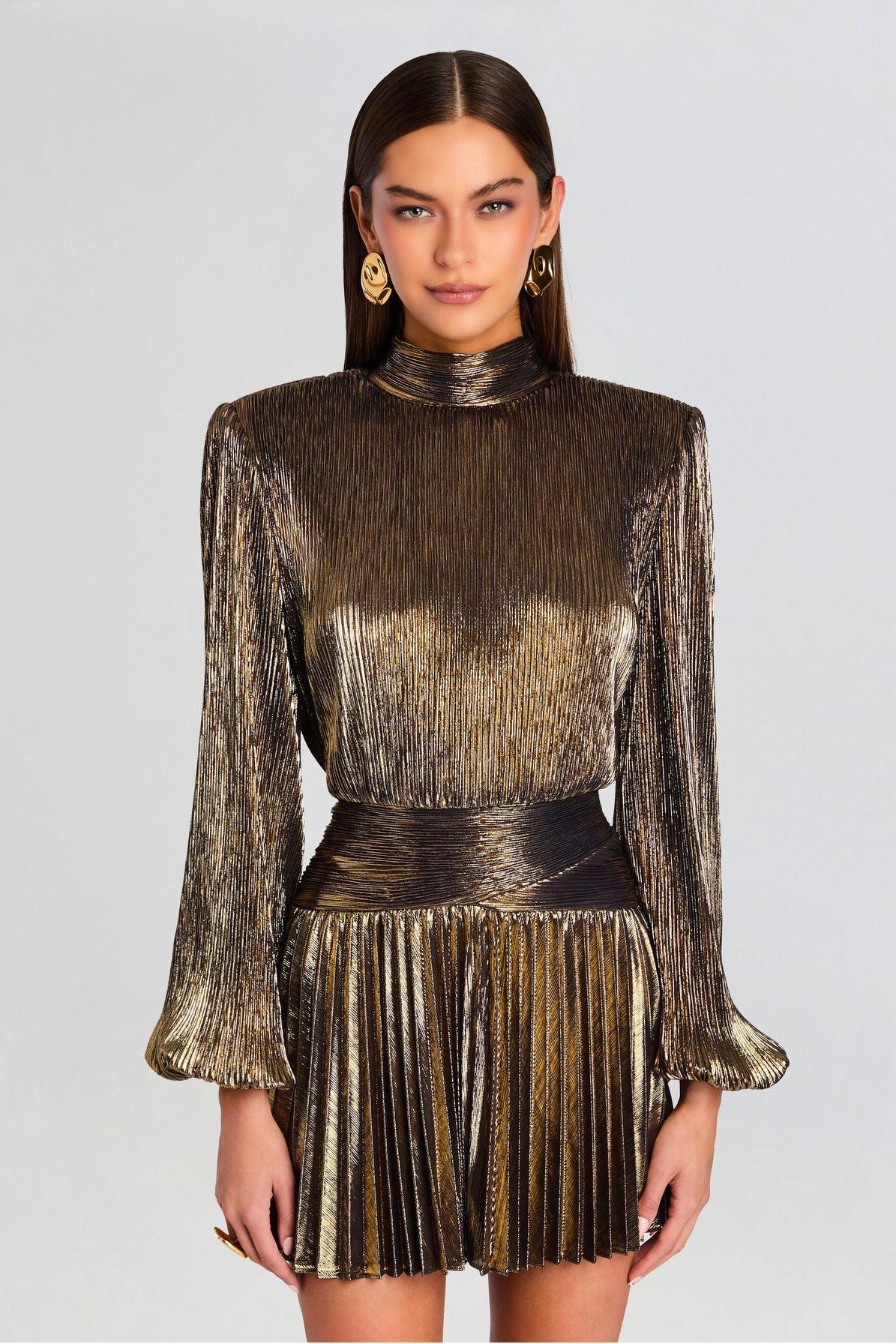 Metallic Fabric Pleated  Stand Collar Mini Dress