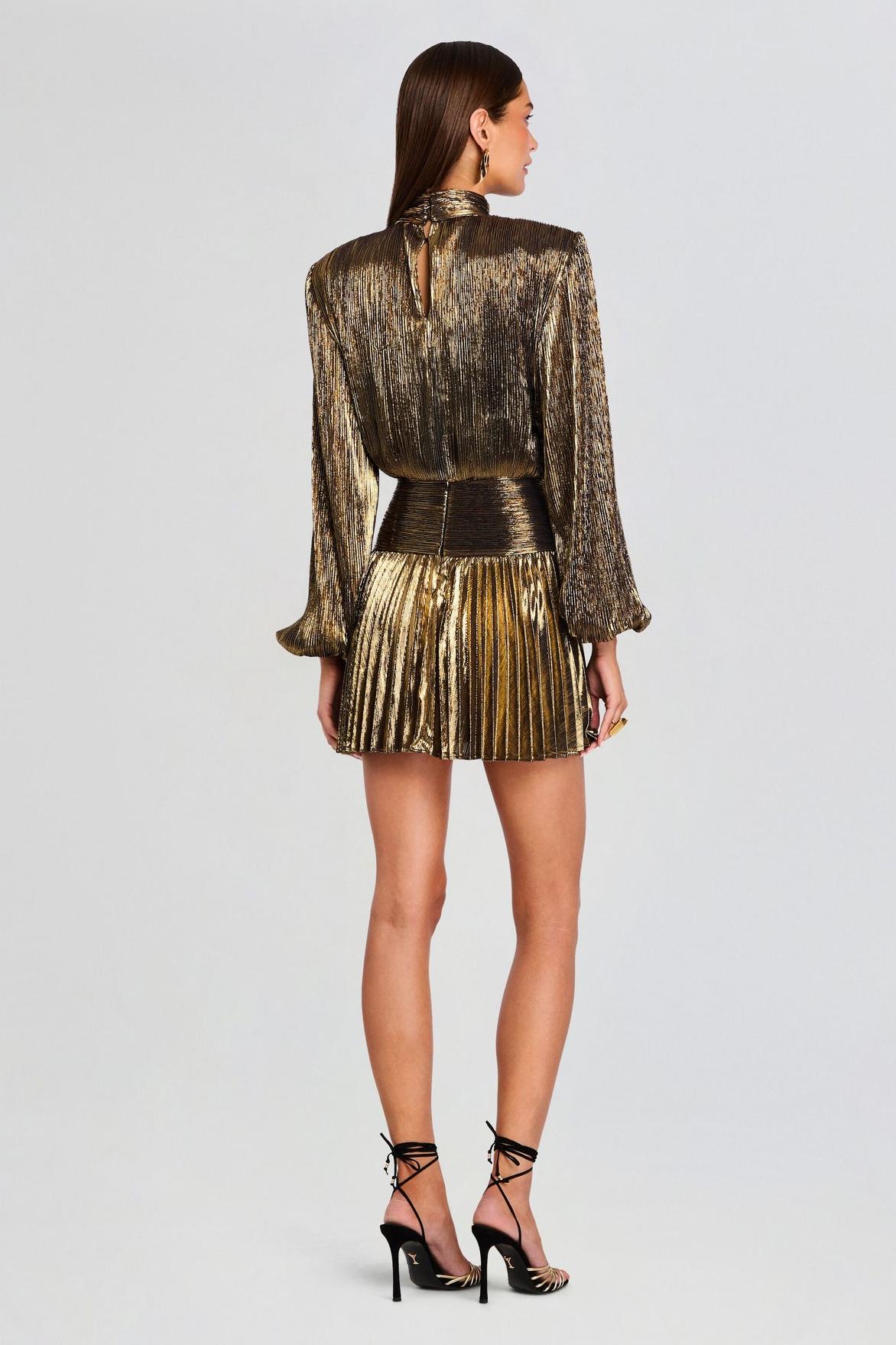 Metallic Fabric Pleated  Stand Collar Mini Dress