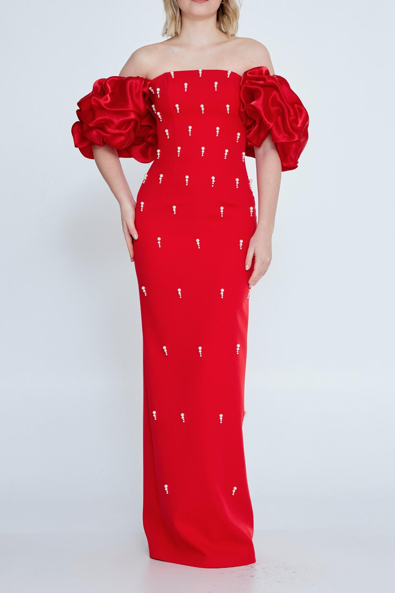 Bandage Faux Pearl Off-Shoulder Maxi Dress