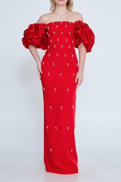 Bandage Faux Pearl Off-Shoulder Maxi Dress