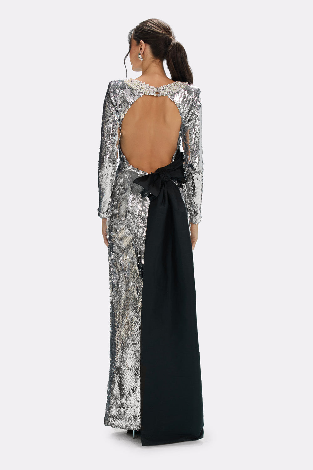 Sequin Rivet Backless Bow Maxi Dress