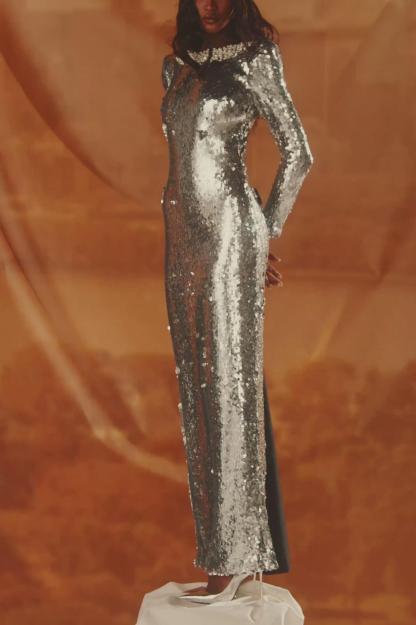 Sequin Rivet Backless Bow Maxi Dress