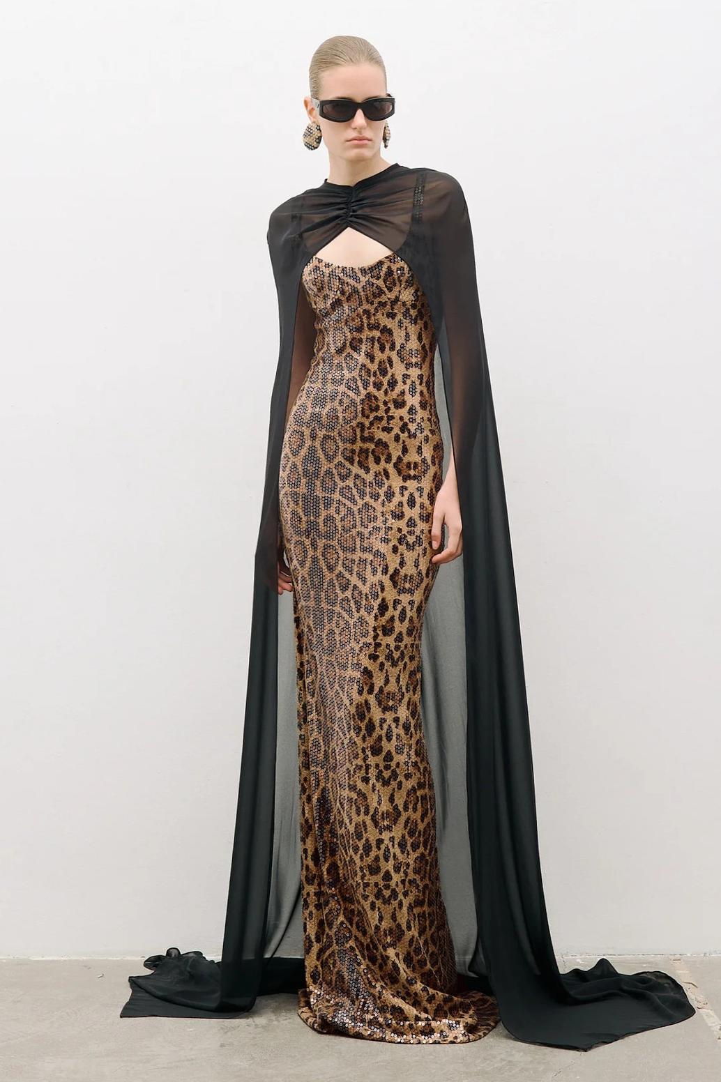 Leopard Print Sequin Maxi Dress With Cape