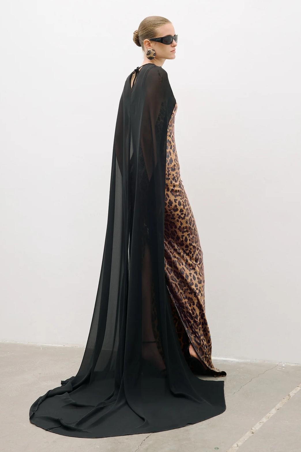 Leopard Print Sequin Maxi Dress With Cape