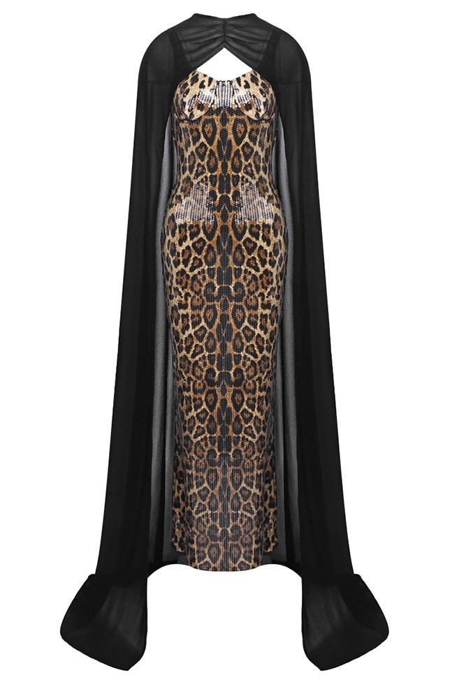 Leopard Print Sequin Maxi Dress With Cape