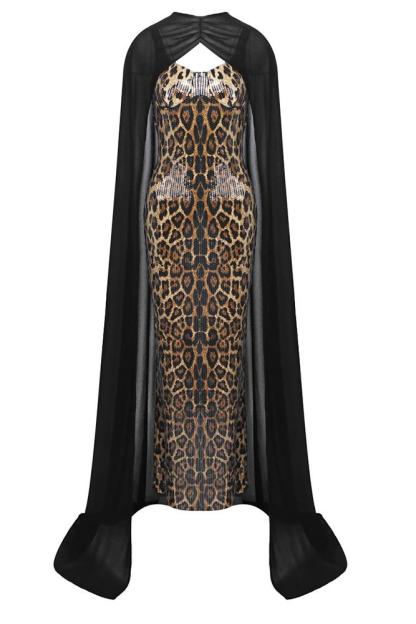 Leopard Print Sequin Maxi Dress With Cape