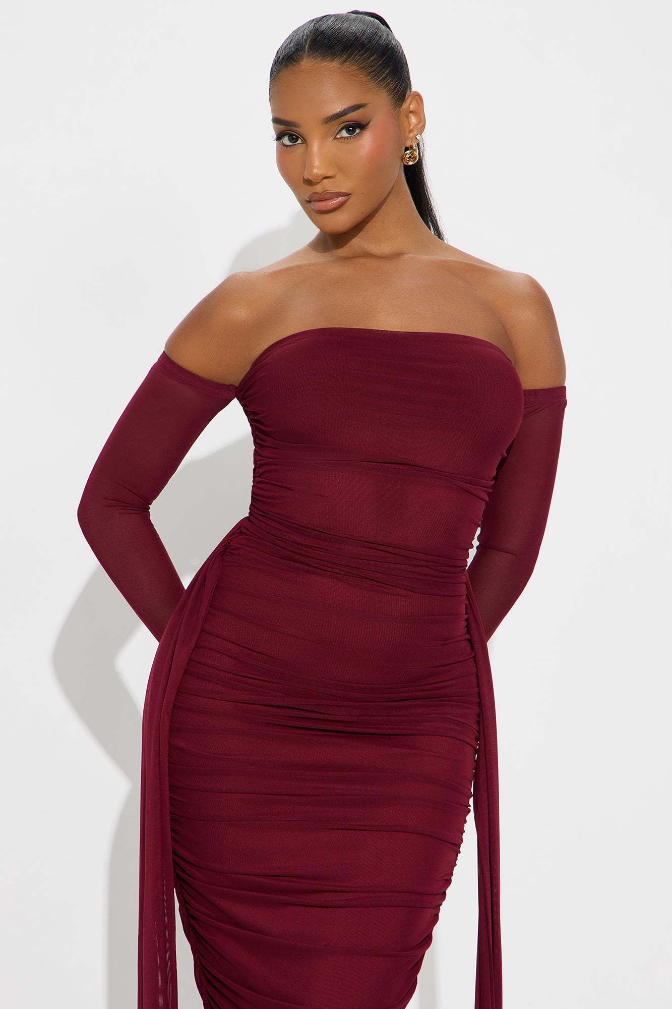 Mesh Off-Shoulder Ruched Maxi Dress