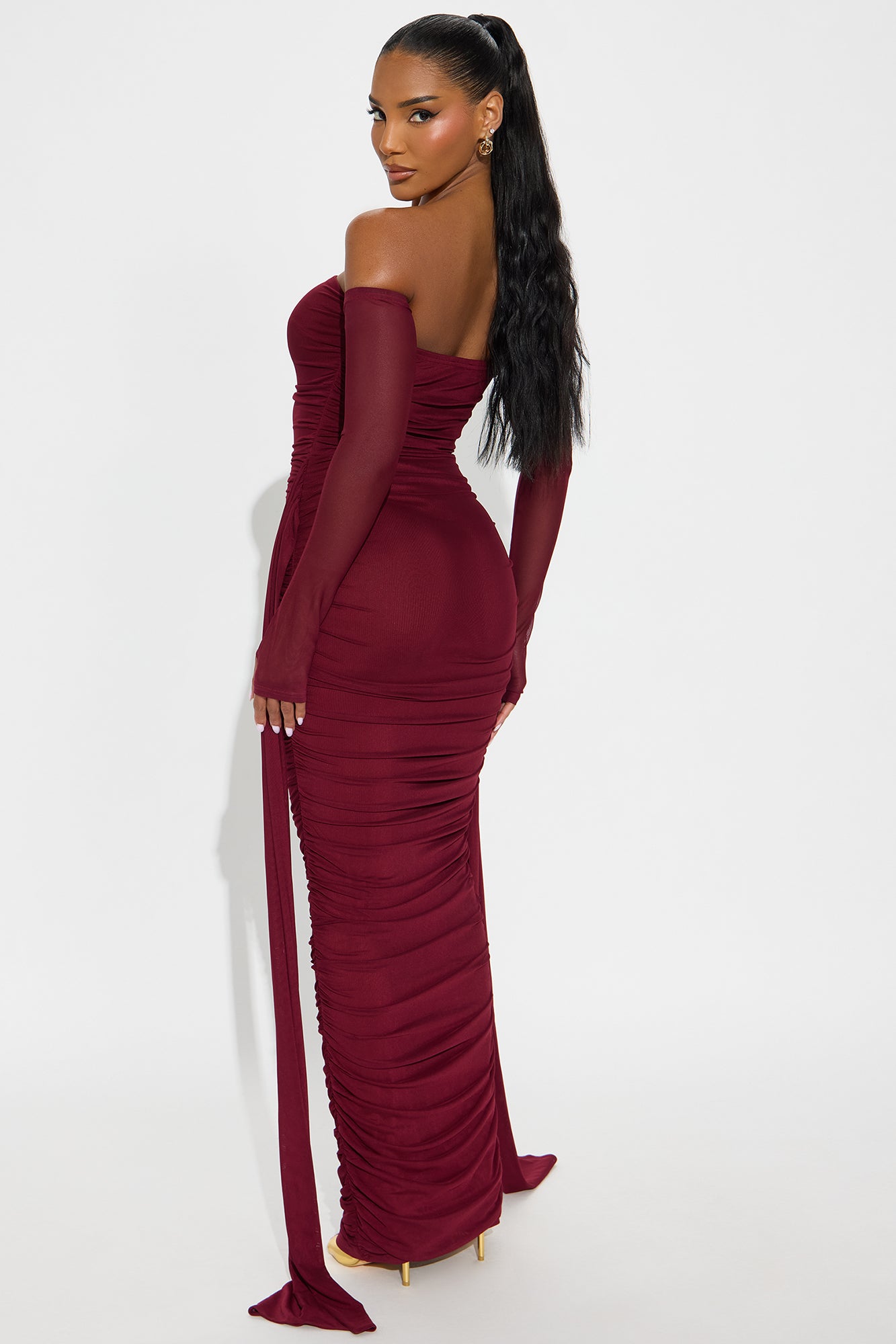 Mesh Off-Shoulder Ruched Maxi Dress