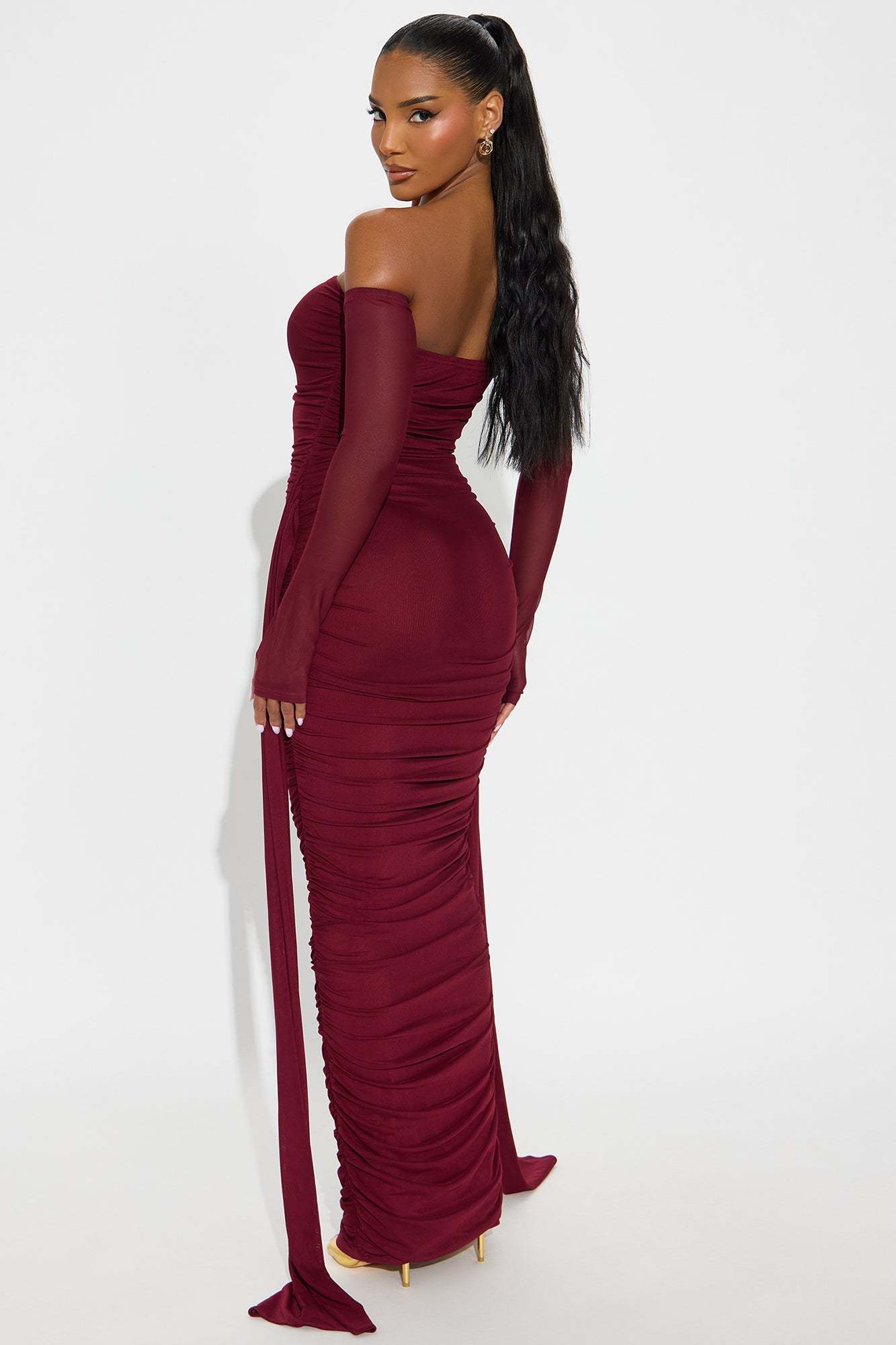 Mesh Off-Shoulder Ruched Maxi Dress