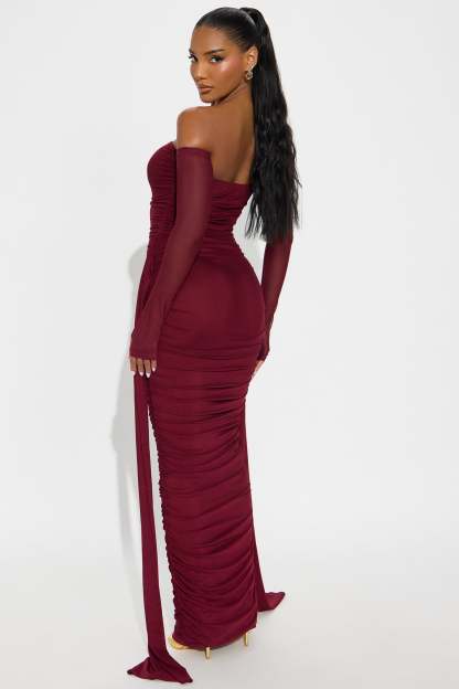 Mesh Off-Shoulder Ruched Maxi Dress