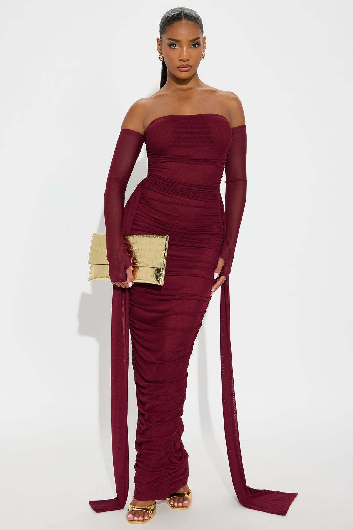Mesh Off-Shoulder Ruched Maxi Dress