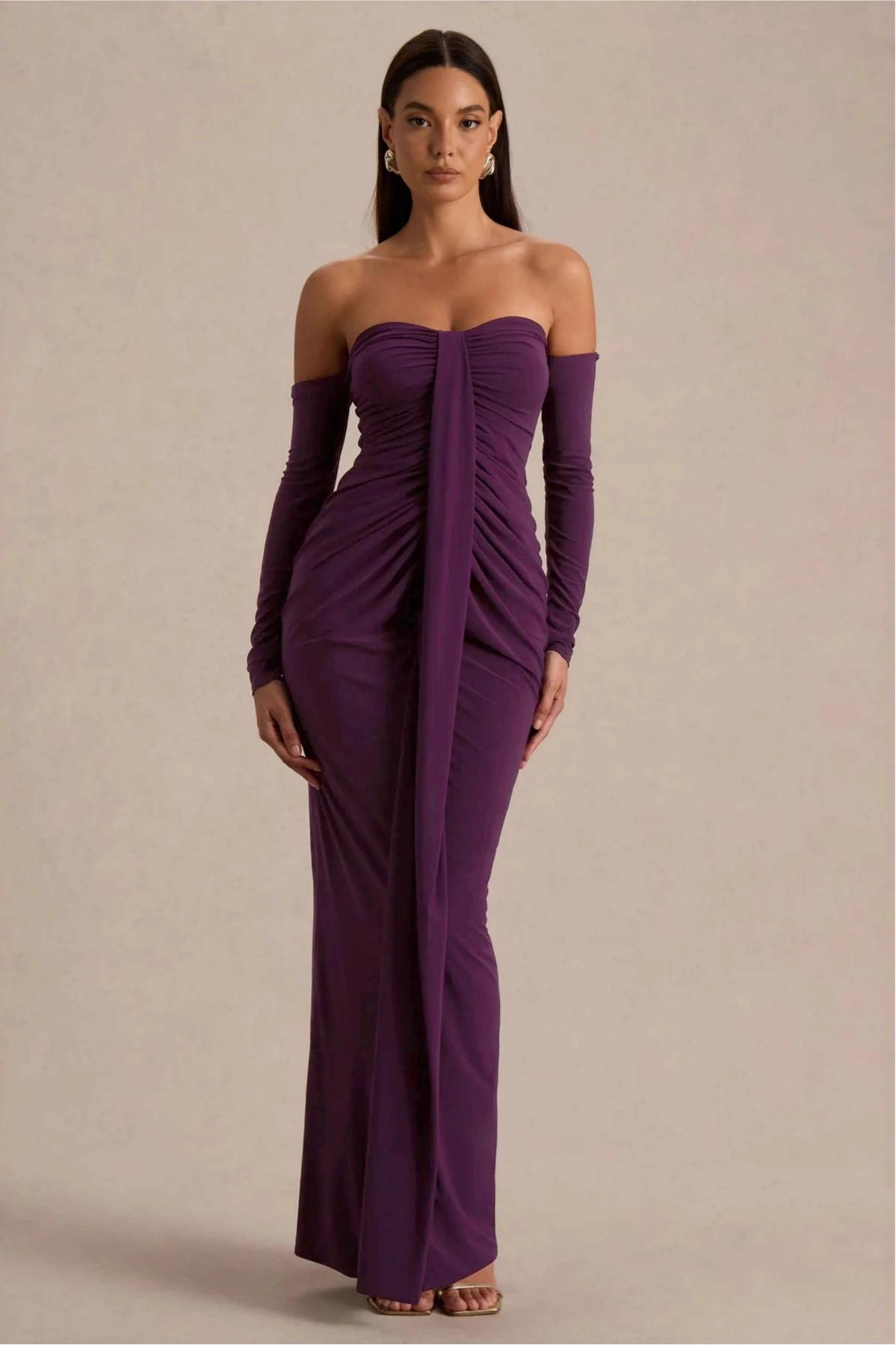Off-Shoulder Gathering Solid Maxi Dress