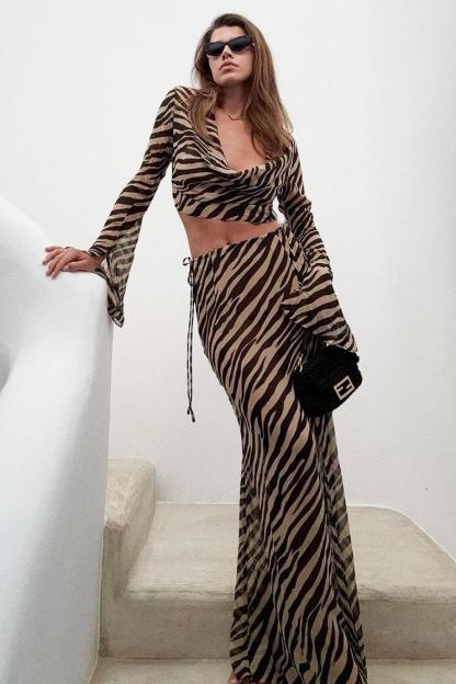 Mesh Zebra Print Bell Sleeve Top & Low Waist Maxi Skirt Set