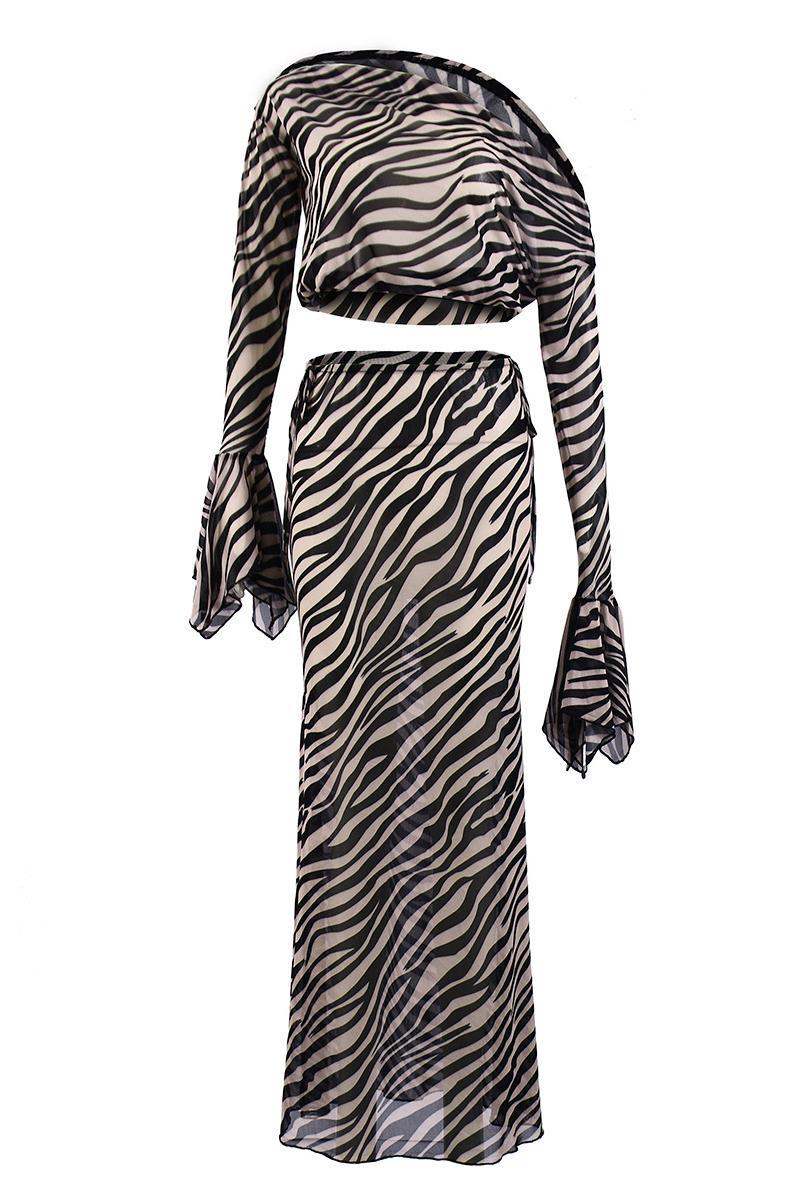 Mesh Zebra Print Bell Sleeve Top & Low Waist Maxi Skirt Set