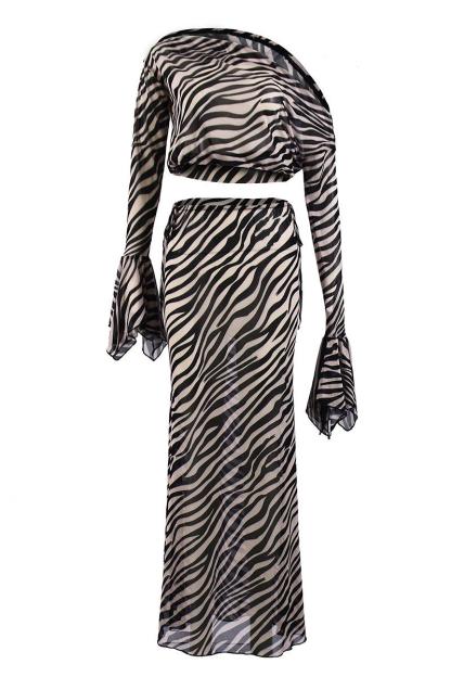 Mesh Zebra Print Bell Sleeve Top & Low Waist Maxi Skirt Set