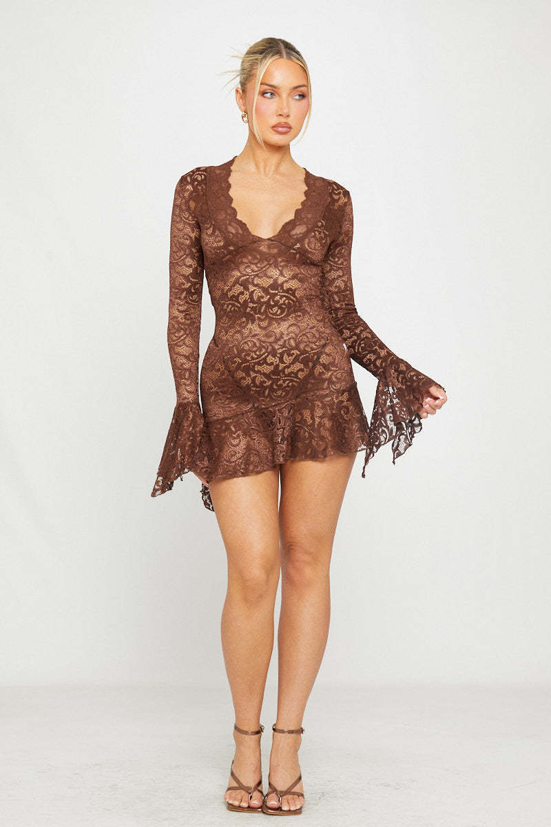 Lace Long Sleeve V-Neck Mini Dress