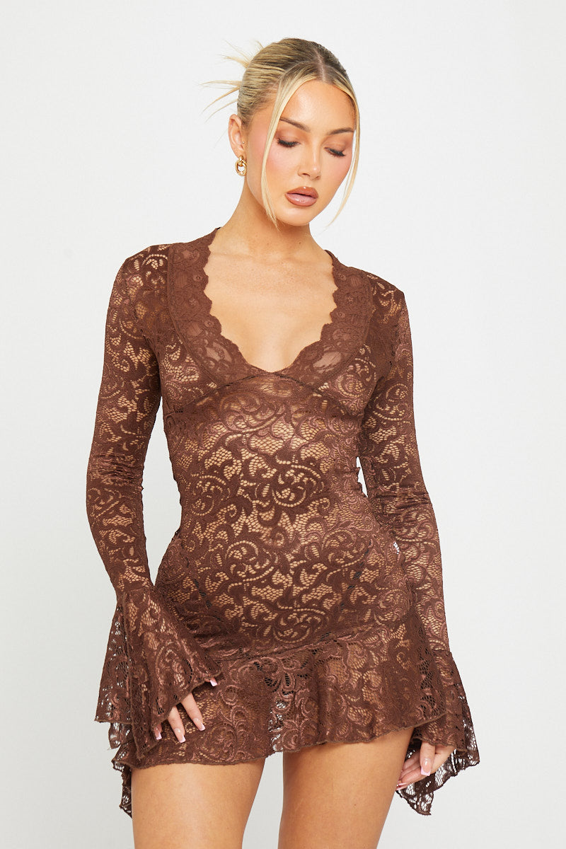 Lace Long Sleeve V-Neck Mini Dress