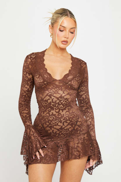 Lace Long Sleeve V-Neck Mini Dress