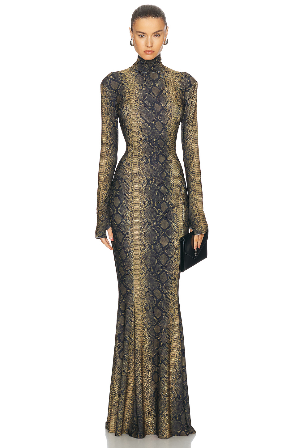 Snake Print High Neck Long Sleeve Maxi Dress