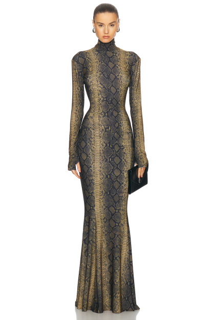 Snake Print High Neck Long Sleeve Maxi Dress