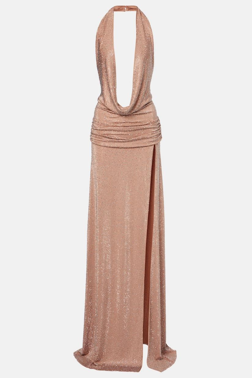 Rhinestone Swing Collar Slit Maxi Dress