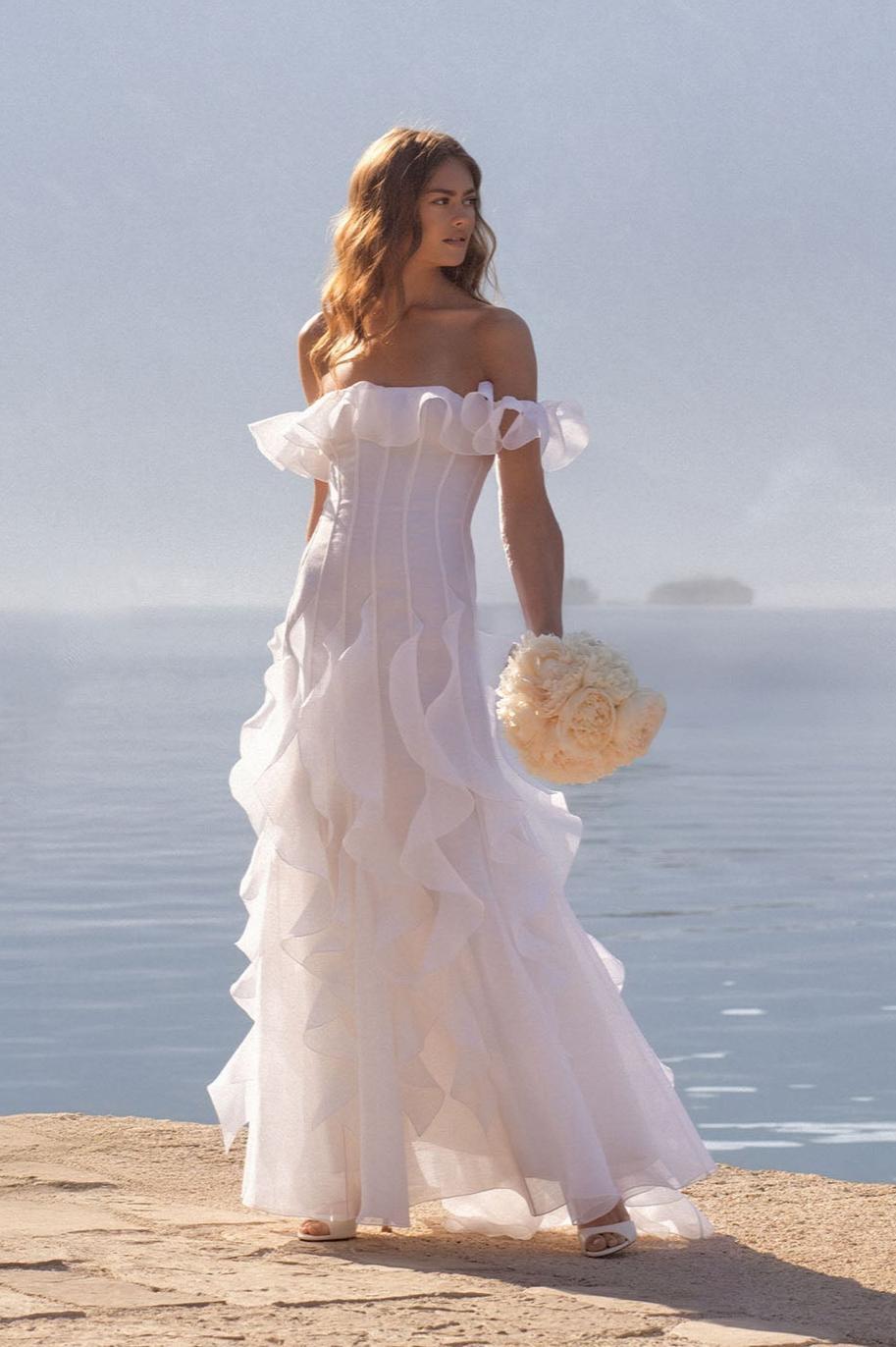 Chiffon Off-Shoulder Frill Maxi Dress