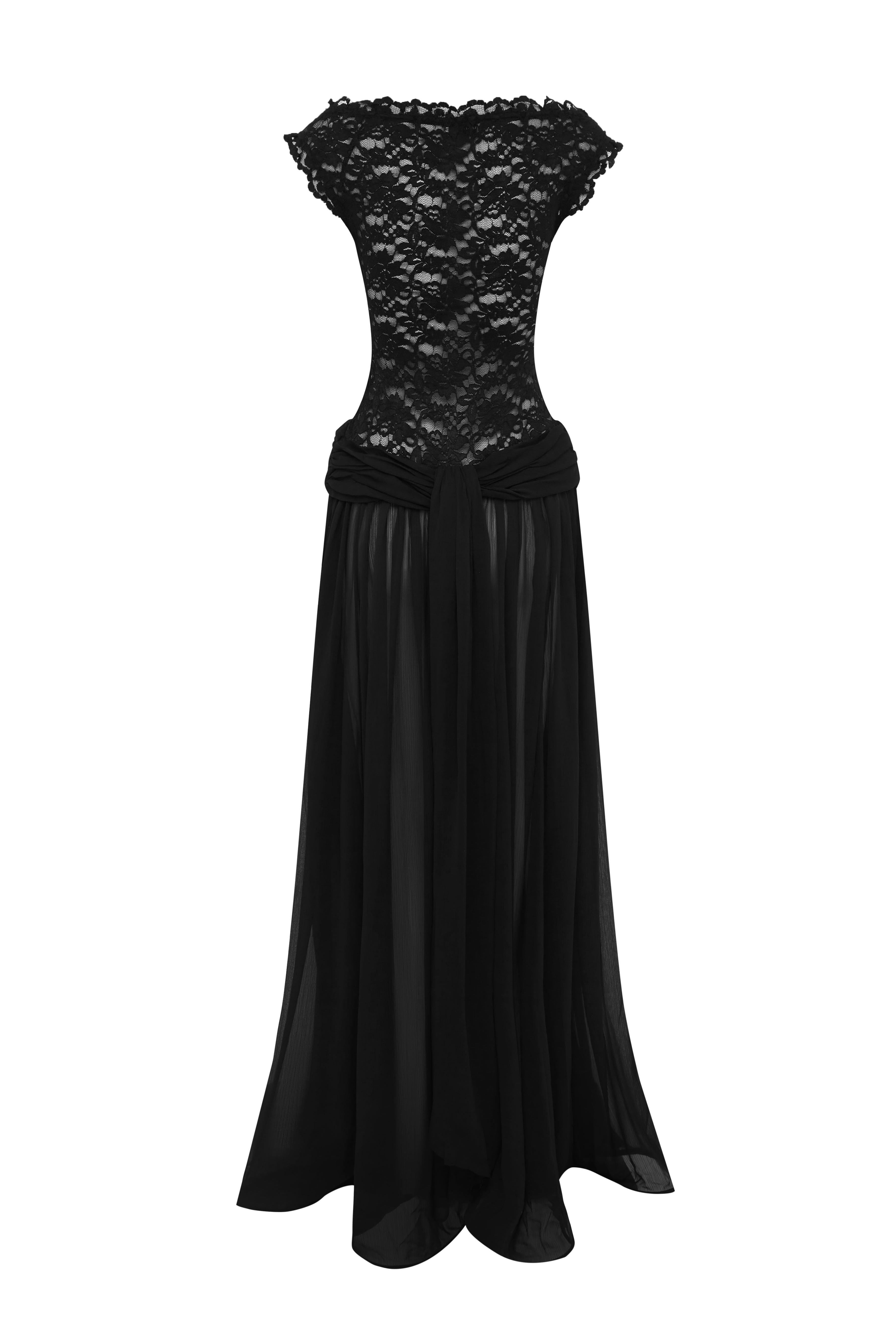 Lace Splicing Chiffon V-Neck Pleated Maxi Dress