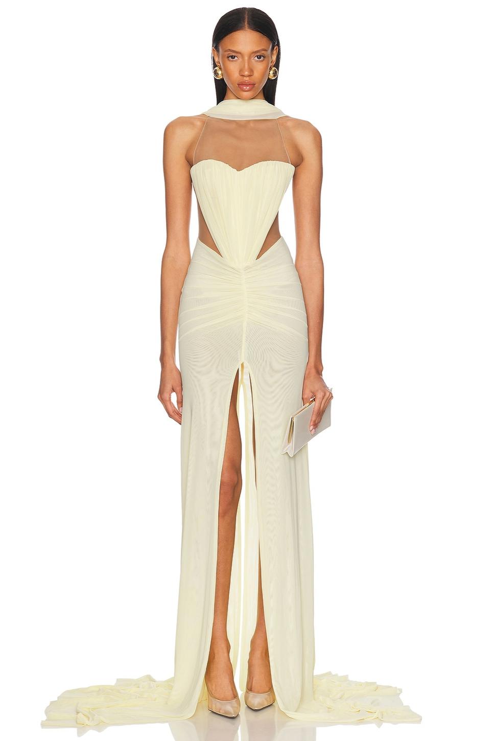 Mesh Ruched Slit Maxi Dress